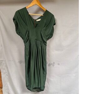 Stella‎ Mccartney Emerald Green Dress V Neck Short Sleeve Pleated Cocktail Midi
